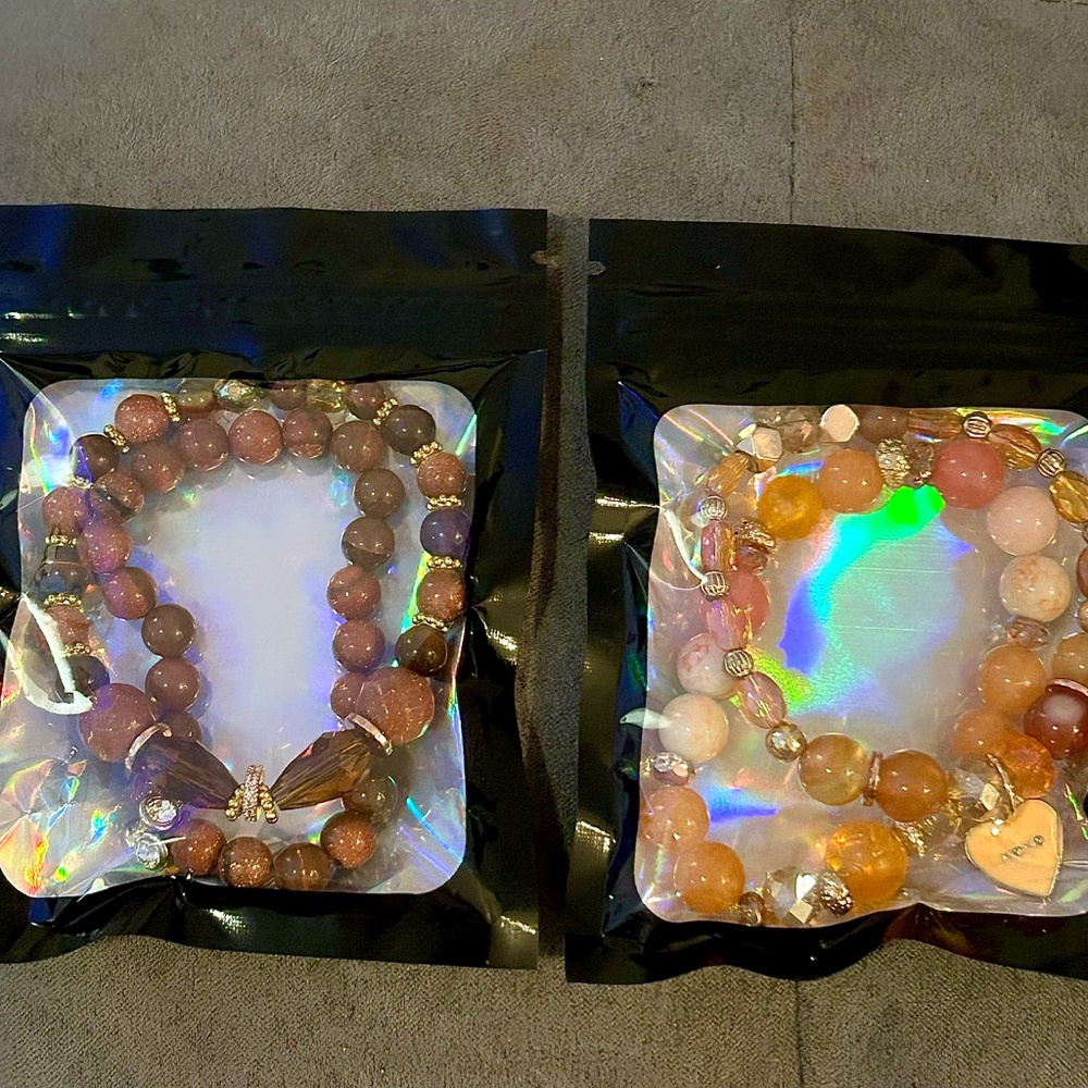 Two packs of duo Beaded Stretch Bracelets. Orange set and Brown real gemstones